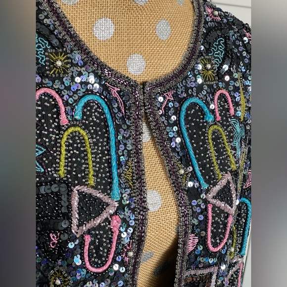 Amazing Vintage 80’s Sténay Multicolored Geometric Beaded Evening coat jacket M - Picture 8 of 16